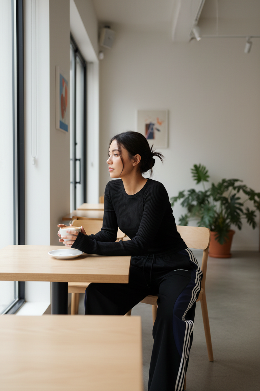 Pantalon BJHG marine large à bandes blanches latérales, porté par une femme, photo lifestyle dans un café
