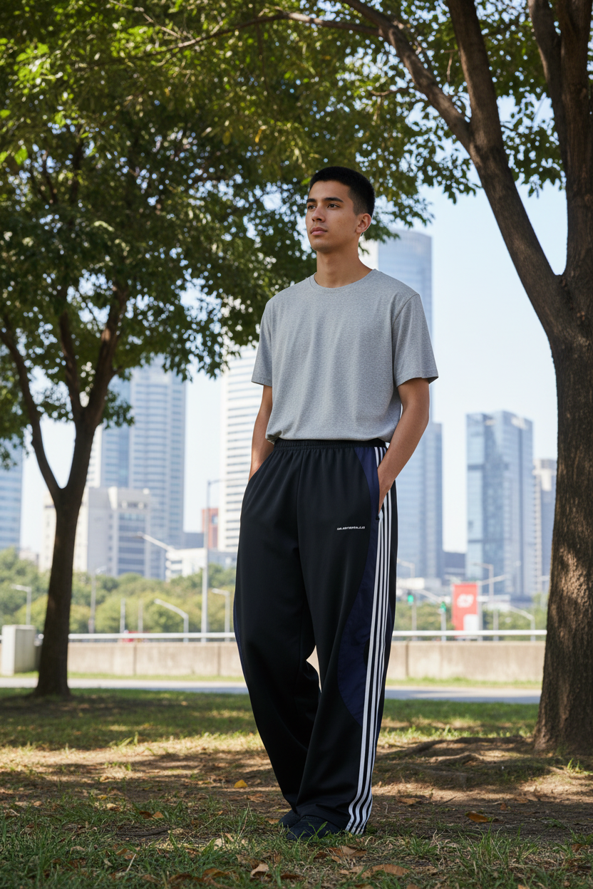 Pantalon BJHG marine large à bandes blanches latérales, porté par un homme, photo lifestyle dans un parc urbain

