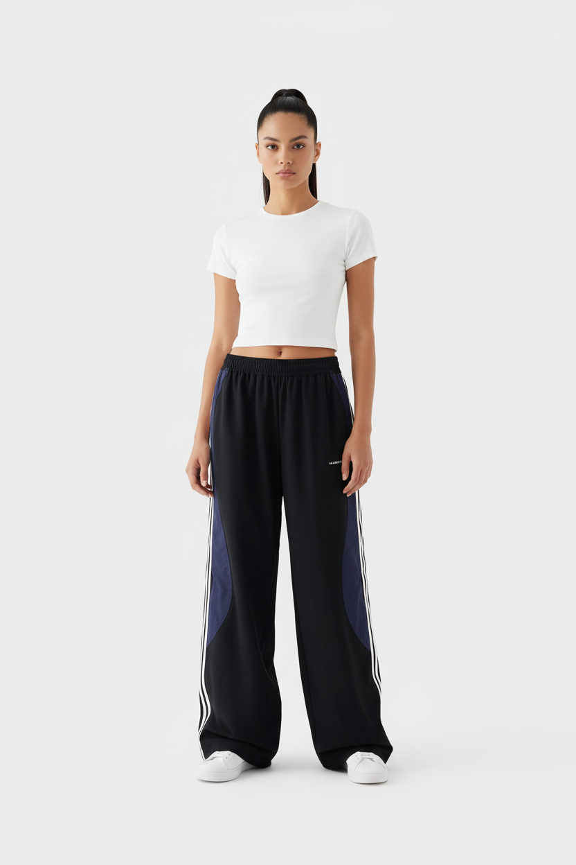 Pantalon BJHG noir et marine bicolore large à bandes blanches, porté par une femme, vue de face sur fond blanc
