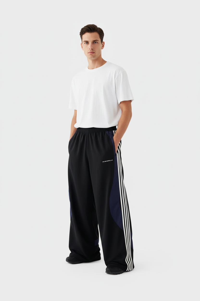 Pantalon BJHG noir et marine bicolore large à bandes blanches, porté par un homme, vue de face sur fond blanc
