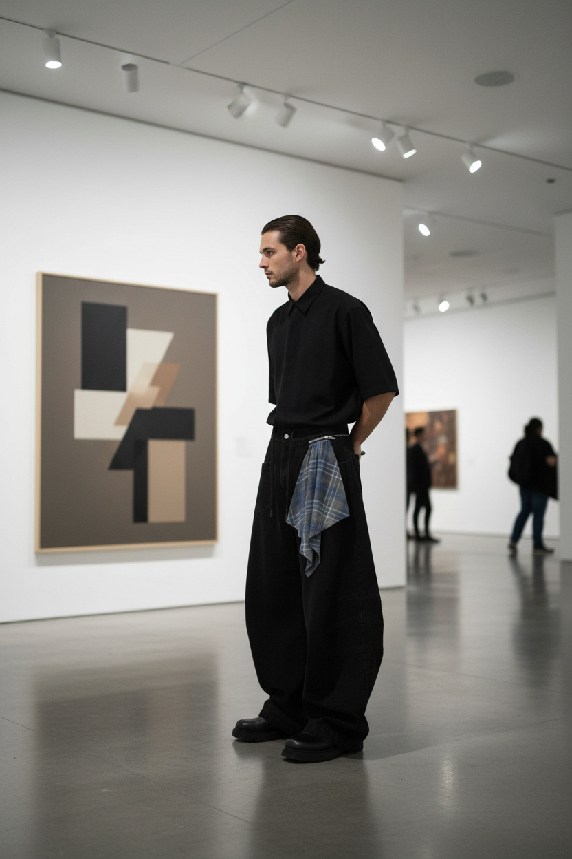 Pantalon Barrel Oversize Bandana Relabel noir en coton, vue de côté portée par un homme dans une galerie d'art
