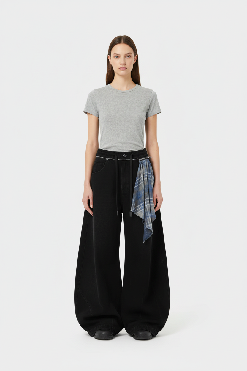 Pantalon Barrel Oversize Bandana Relabel noir en coton, vue de face portée par une femme