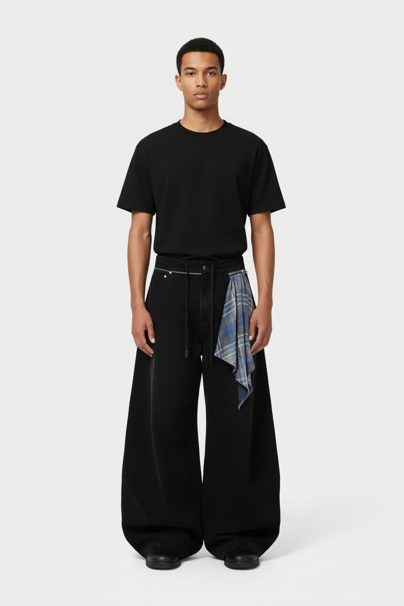 Pantalon Barrel Oversize Bandana Relabel noir en coton, vue de face portée par un homme