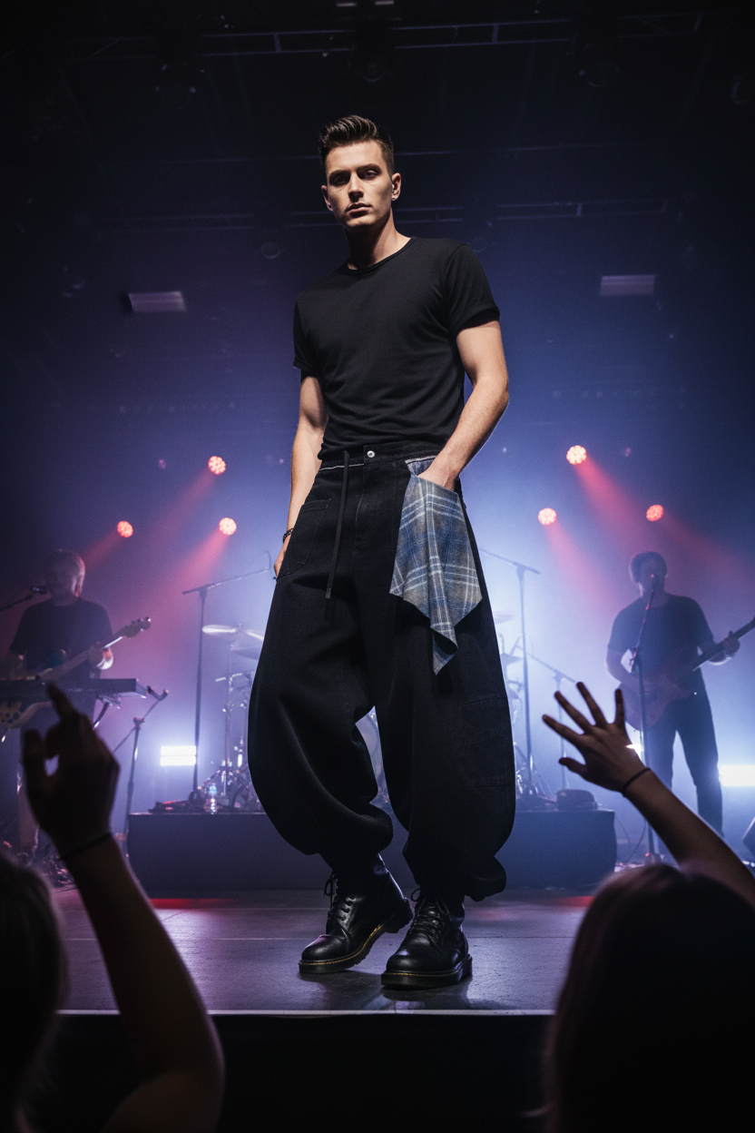 Pantalon Barrel Oversize Bandana Relabel noir en coton, vue de face portée par un homme sur scène lors d'un concert