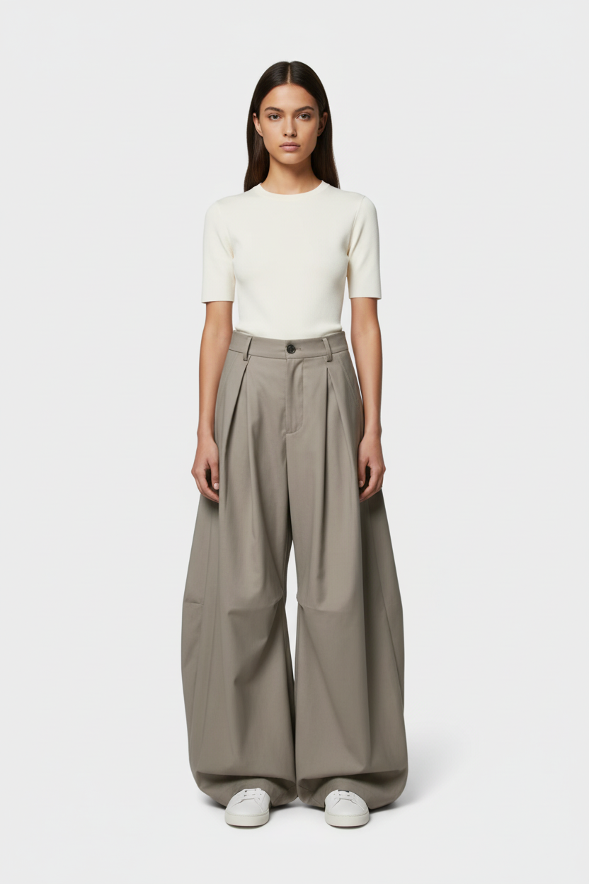Pantalon Barrel Pince Oversize Ballon Relabel gris taupe en coton, vue de face portée par une femme