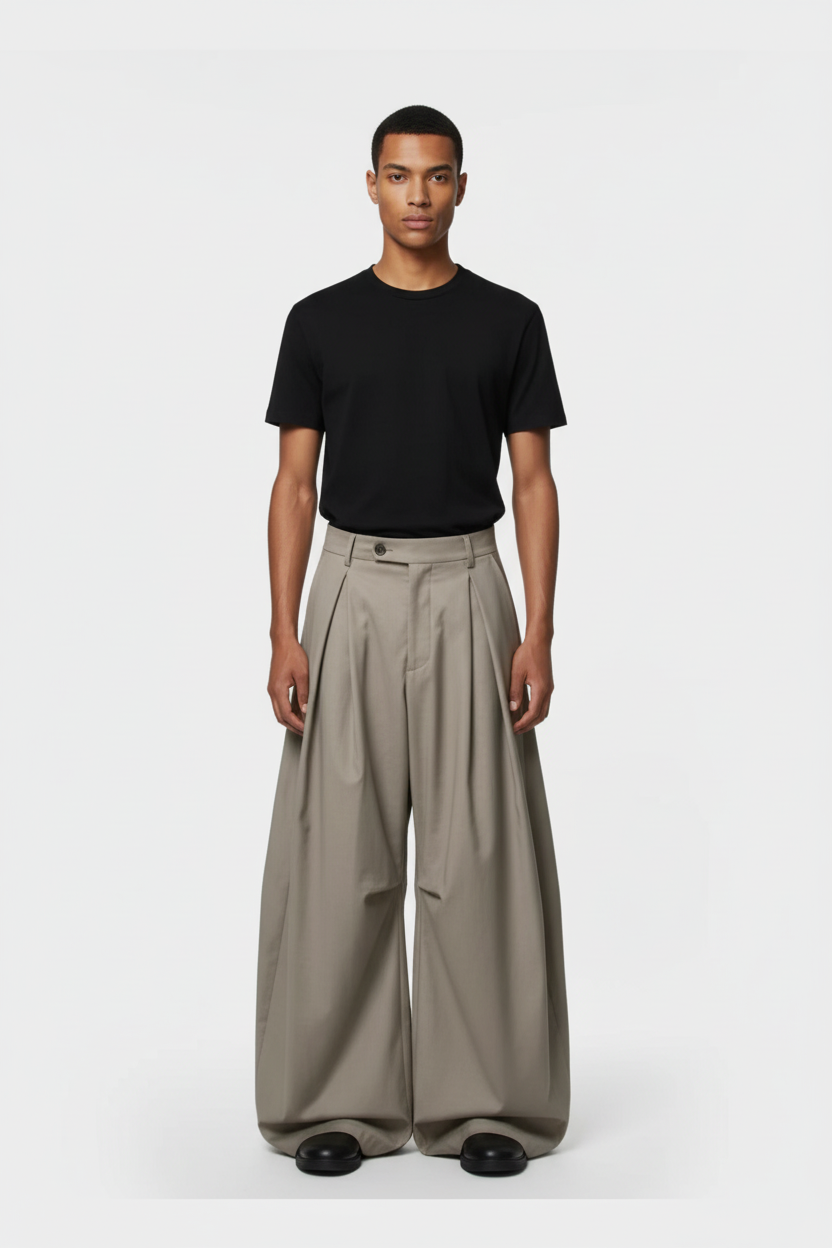 Pantalon Barrel Pince Oversize Ballon Relabel gris taupe en coton, vue de face portée par un homme
