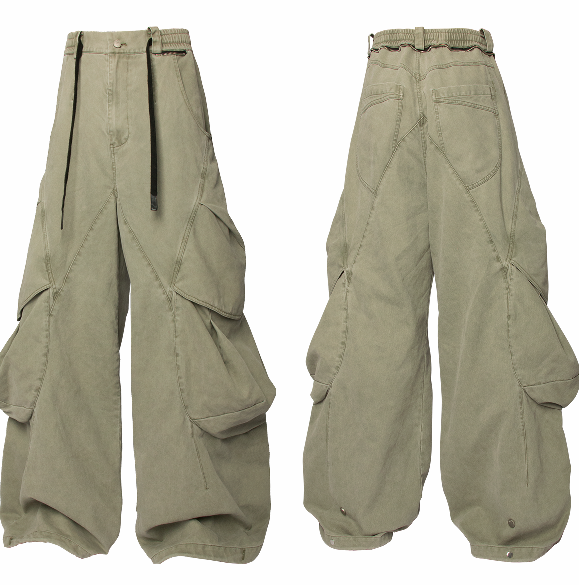 Pantalon Cargo Effet Usé à Rayures Discrètes Vert Militaire | RELABEL