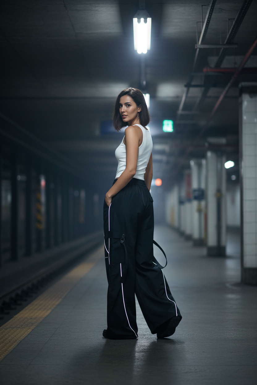 Pantalon Cargo Large Bande Latérale Réfléchissante BJHG noir en nylon, vue de dos trois quarts portée par une femme sur un quai de métro la nuit