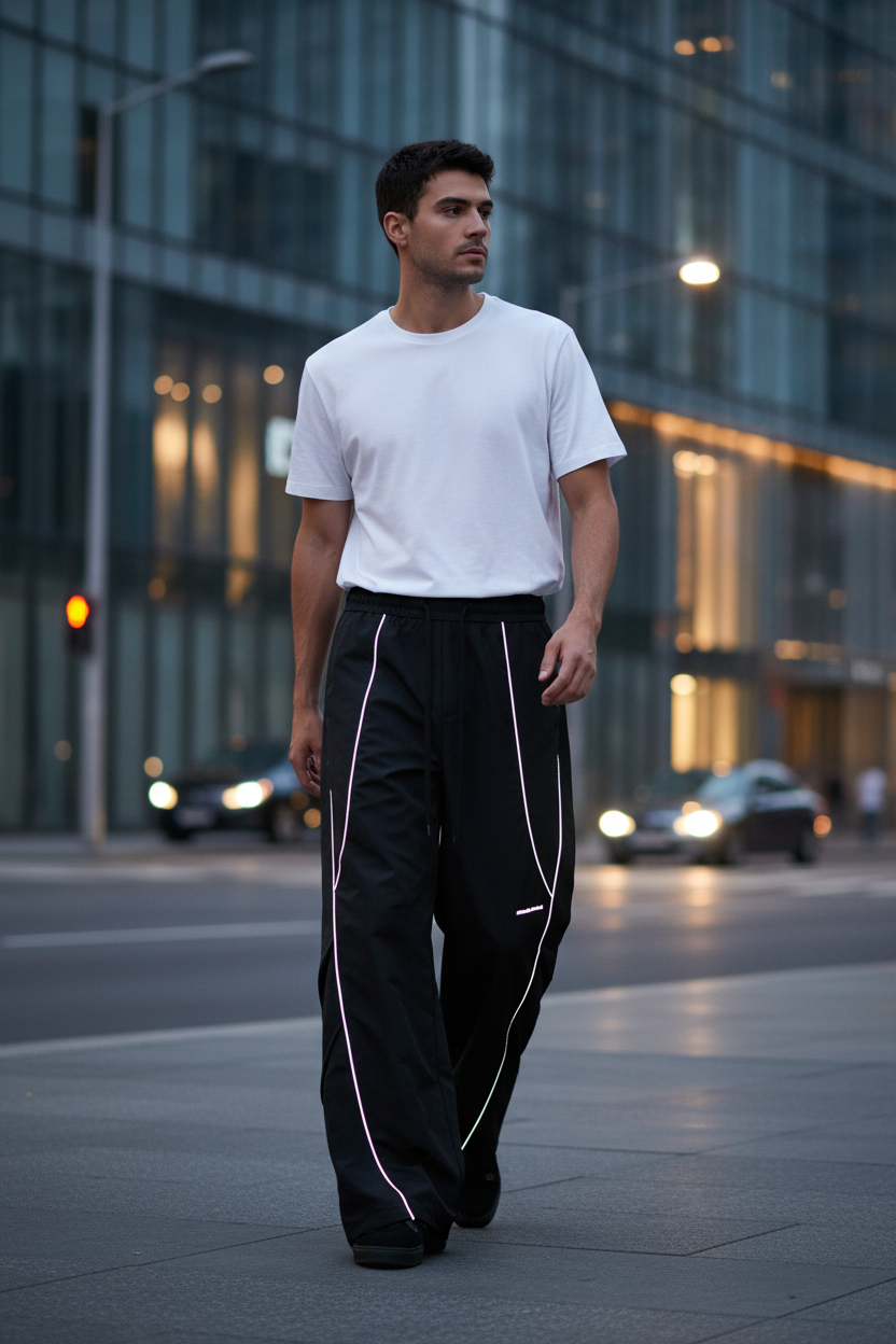 Pantalon Cargo Large Bande Latérale Réfléchissante BJHG noir en nylon, vue de face portée par un homme marchant dans une rue urbaine au crépuscule