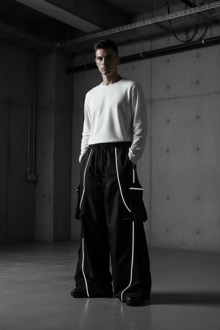 Pantalon Cargo Large Bande Latérale Réfléchissante BJHG noir en nylon, vue de face portée par un homme dans un studio aux murs en béton