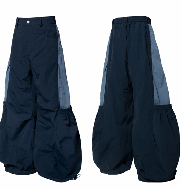 Pantalon Cargo en Nylon à Jambes Courbes et Plis Bleu | RELABEL