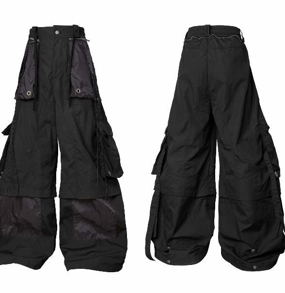 Pantalon Cargo en Nylon à Six Poches, Plis et Sangles Gris / Noir | RELABEL