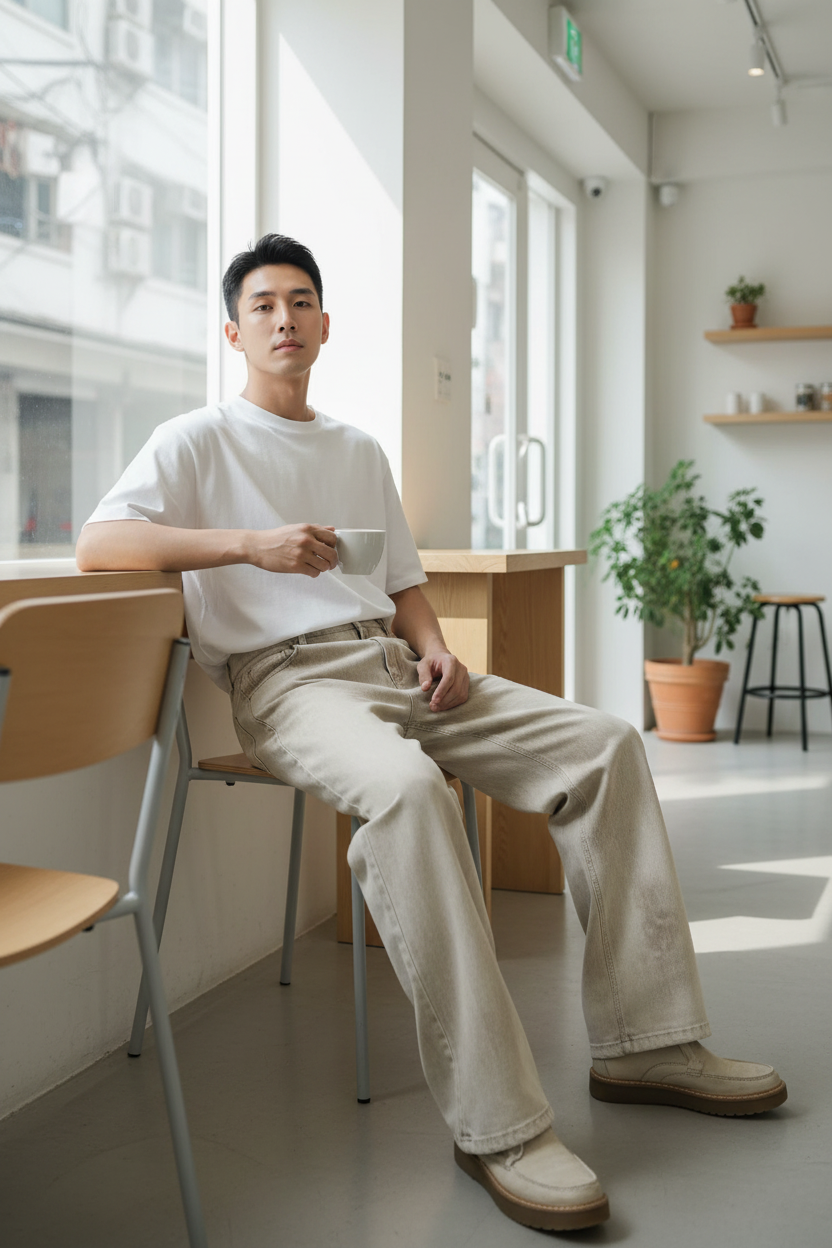 Pantalon Large Destroy Délavé Trou Genou BJHG beige écru délavé en coton, vue en situation portée par un homme assis dans un café minimaliste tenant une tasse près d'une fenêtre