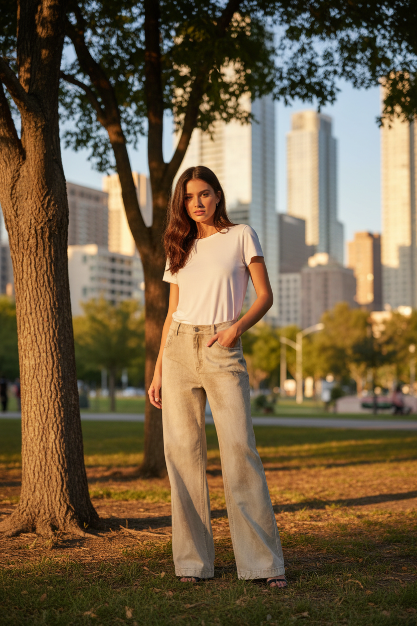 Pantalon Large Destroy Délavé Trou Genou BJHG beige écru délavé en coton, vue de face portée par une femme debout dans un parc urbain au coucher du soleil avec des gratte-ciels en arrière-plan