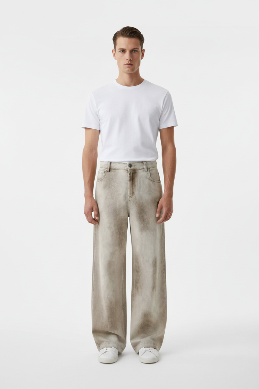 Pantalon Large Destroy Délavé Trou Genou BJHG beige écru délavé en coton, vue de face portée par un homme