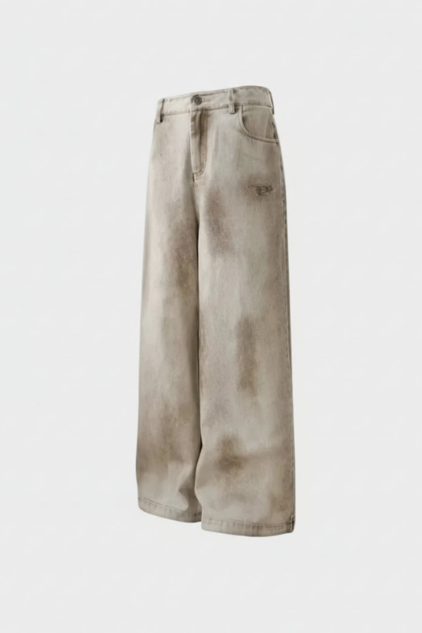 Pantalon Large Destroy Délavé Trou Genou BJHG beige écru délavé en coton, vue produit trois quarts sur fond blanc sans modèle