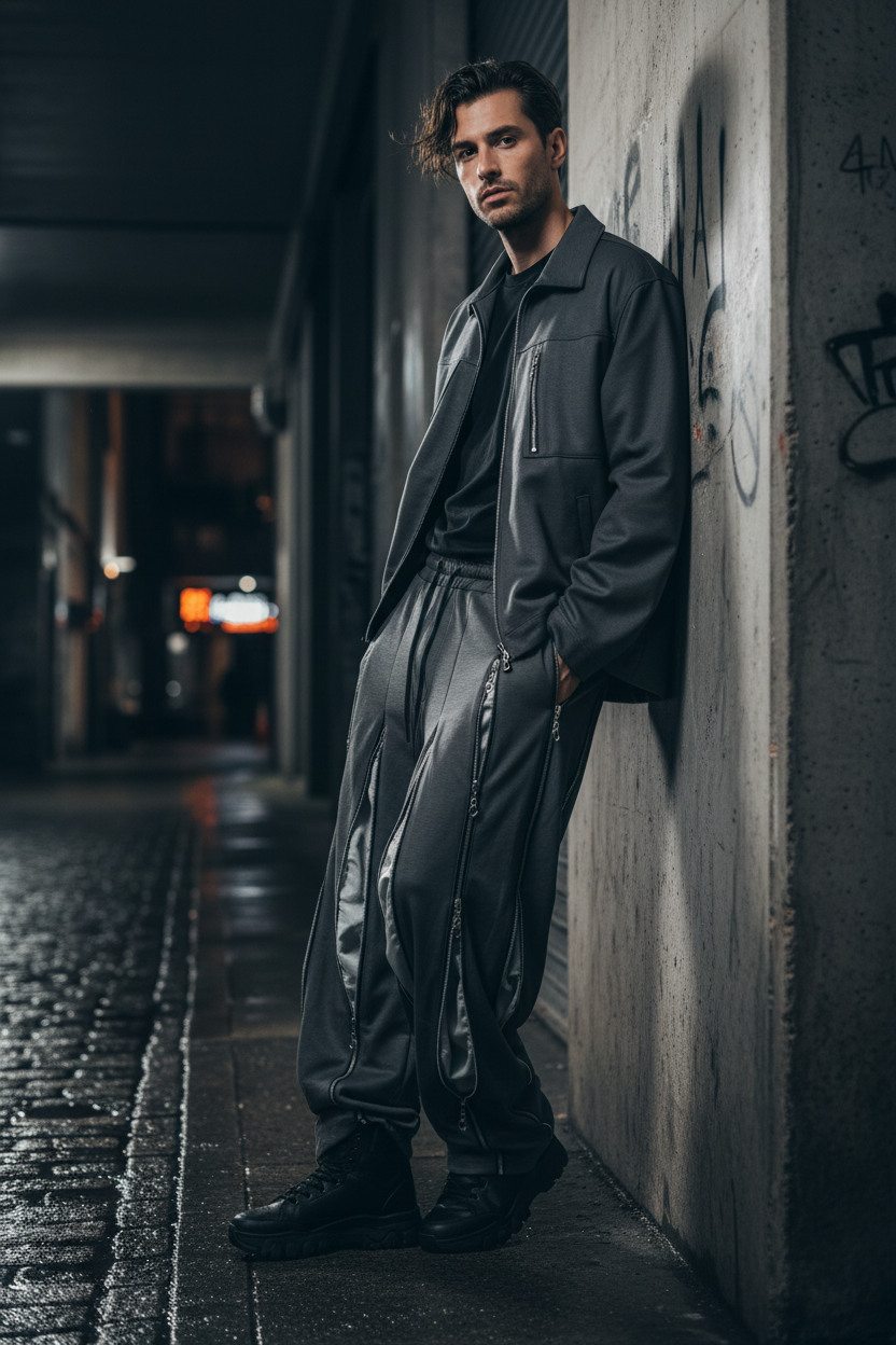 Pantalon Large Multi Zip Découpé Relabel gris anthracite en laine mélange, vue en situation portée par un homme appuyé contre un mur de graffitis dans une ruelle de nuit