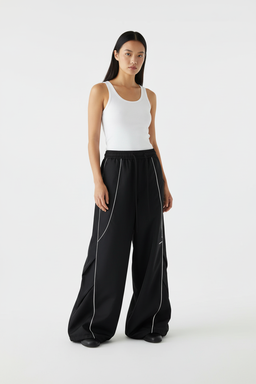 Pantalon Large Oversize Bande Latérale Réfléchissante BJHG noir en nylon, vue de face portée par une femme