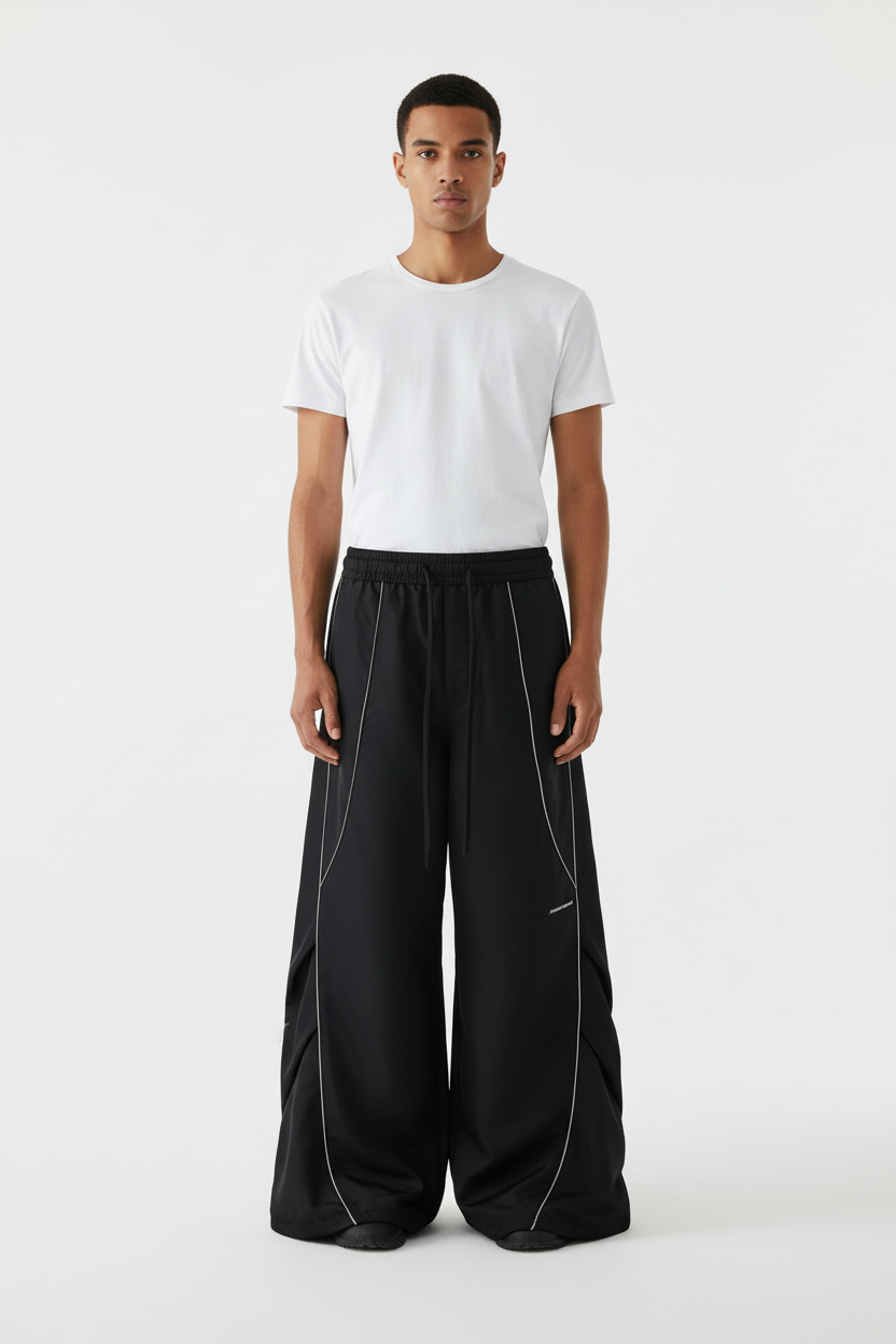 Pantalon Large Oversize Bande Latérale Réfléchissante BJHG noir en nylon, vue de face portée par un homme