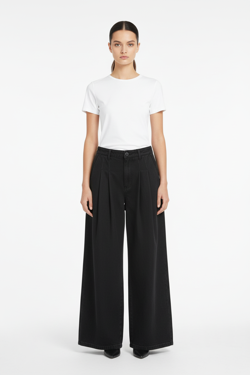 Pantalon Large Pince Taille Haute Relabel noir en laine mélange, vue de face portée par une femme