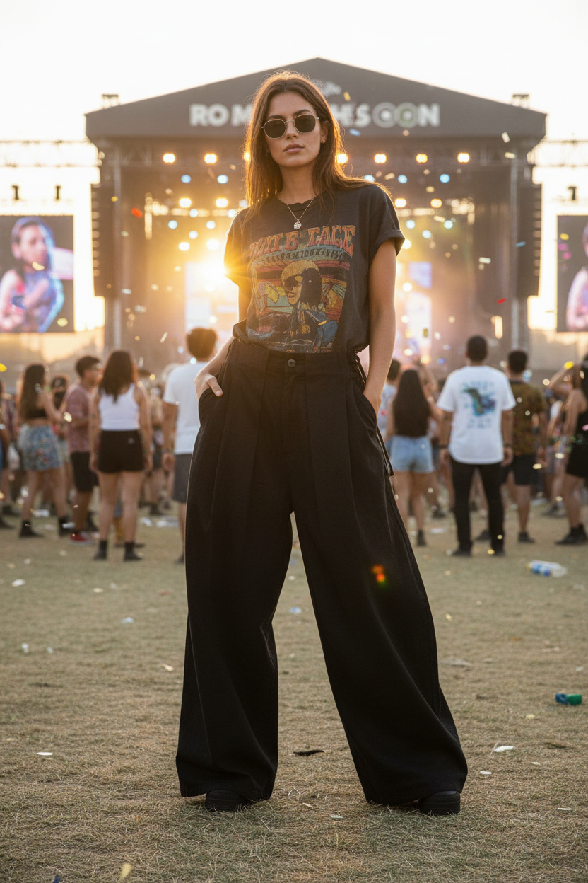 Pantalon Large Pince Taille Haute Relabel noir en laine mélange, vue de face portée par une femme lors d'un festival de musique au coucher du soleil