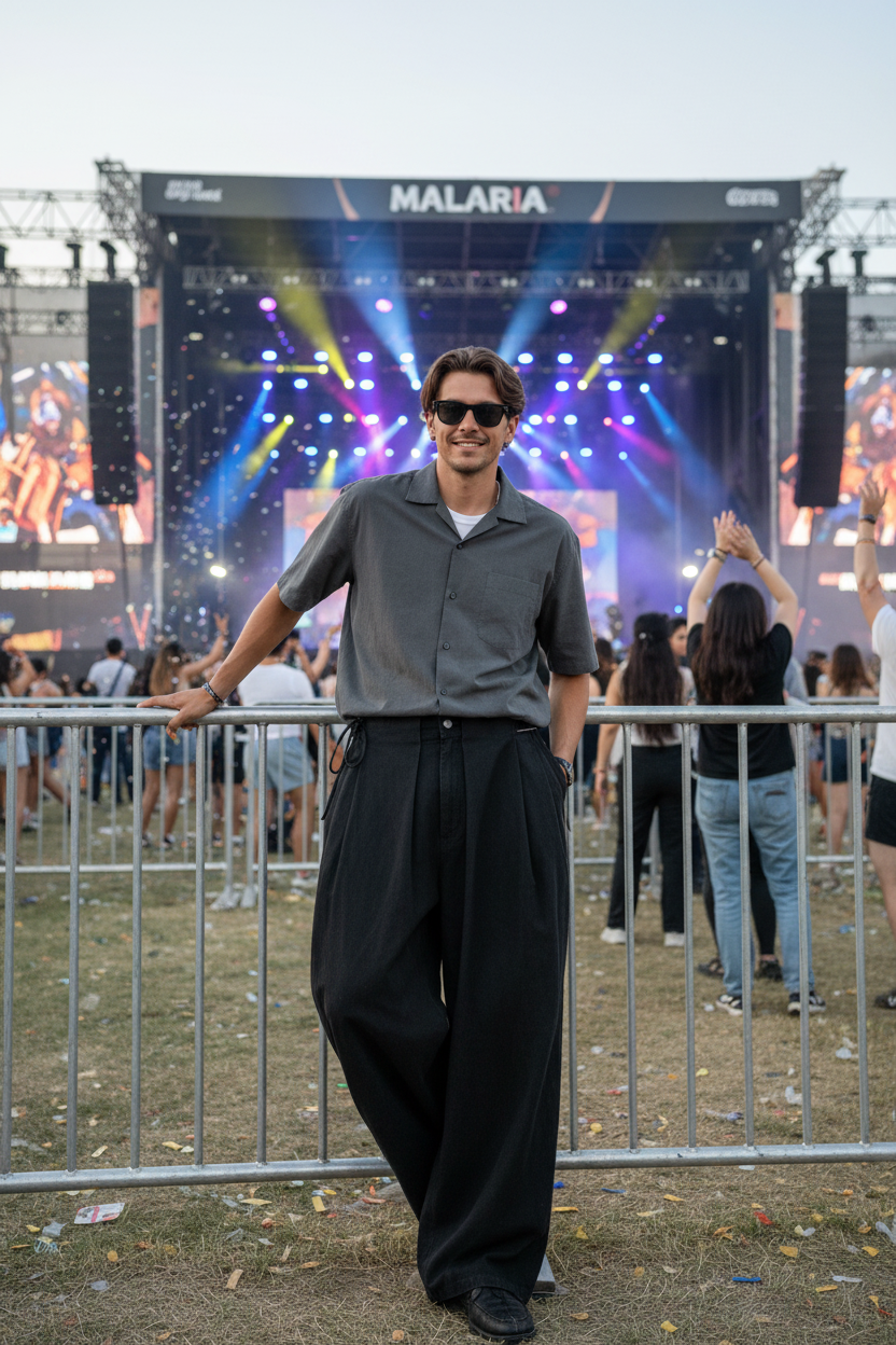 Pantalon Large Pince Taille Haute Relabel noir en laine mélange, vue de face portée par un homme lors d'un festival de musique en plein air
