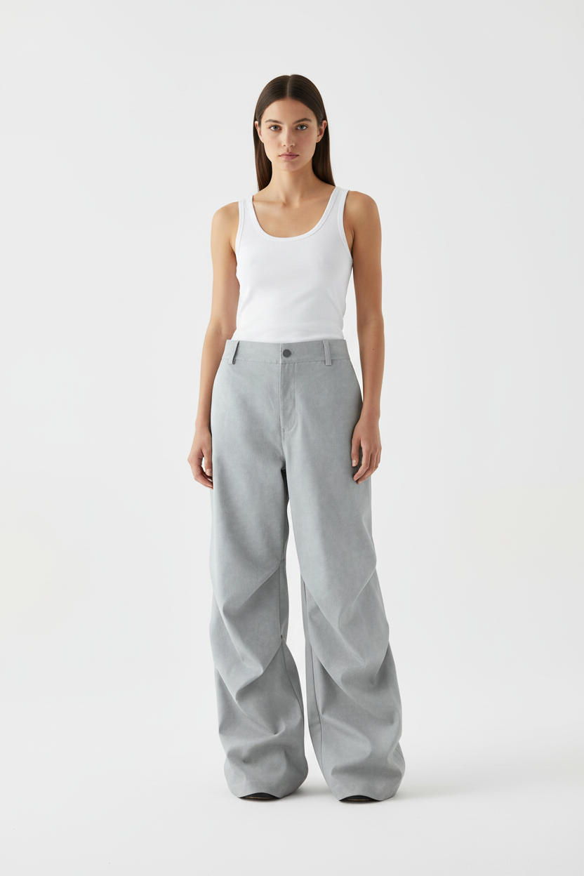 Pantalon Large Taille Haute Pince Bouton Latéral BJHG gris clair en laine mélange, vue de face portée par une femme