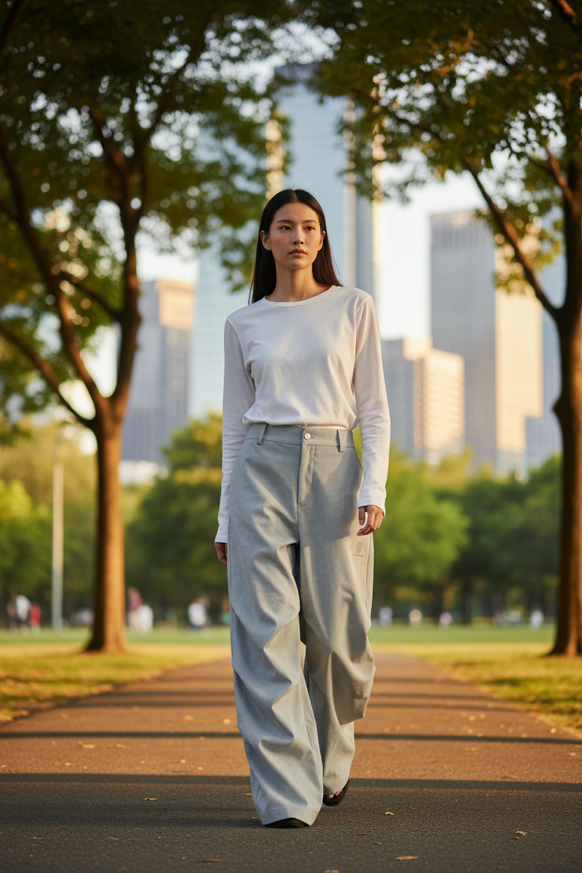 Pantalon Large Taille Haute Pince Bouton Latéral BJHG gris clair en laine mélange, vue de face portée par une femme marchant dans un parc urbain au coucher du soleil