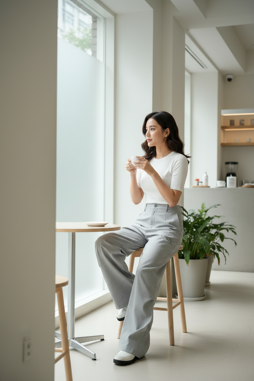 Pantalon Large Taille Haute Pince Bouton Latéral BJHG gris clair en laine mélange, vue en situation portée par une femme assise dans un café minimaliste tenant une tasse près d'une fenêtre