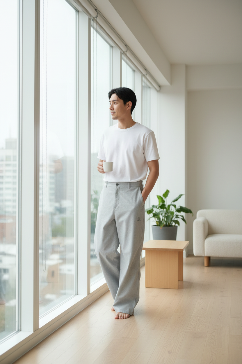 Pantalon Large Taille Haute Pince Bouton Latéral BJHG gris clair en laine mélange, vue en situation portée par un homme tenant un café devant une baie vitrée dans un appartement minimaliste