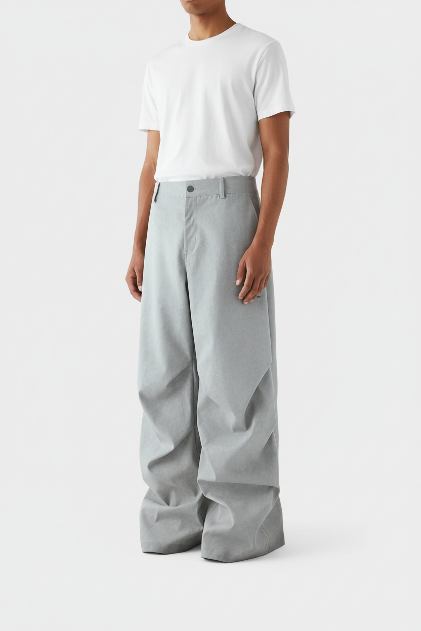 Pantalon Large Taille Haute Pince Bouton Latéral BJHG gris clair en laine mélange, vue trois quarts portée par un homme