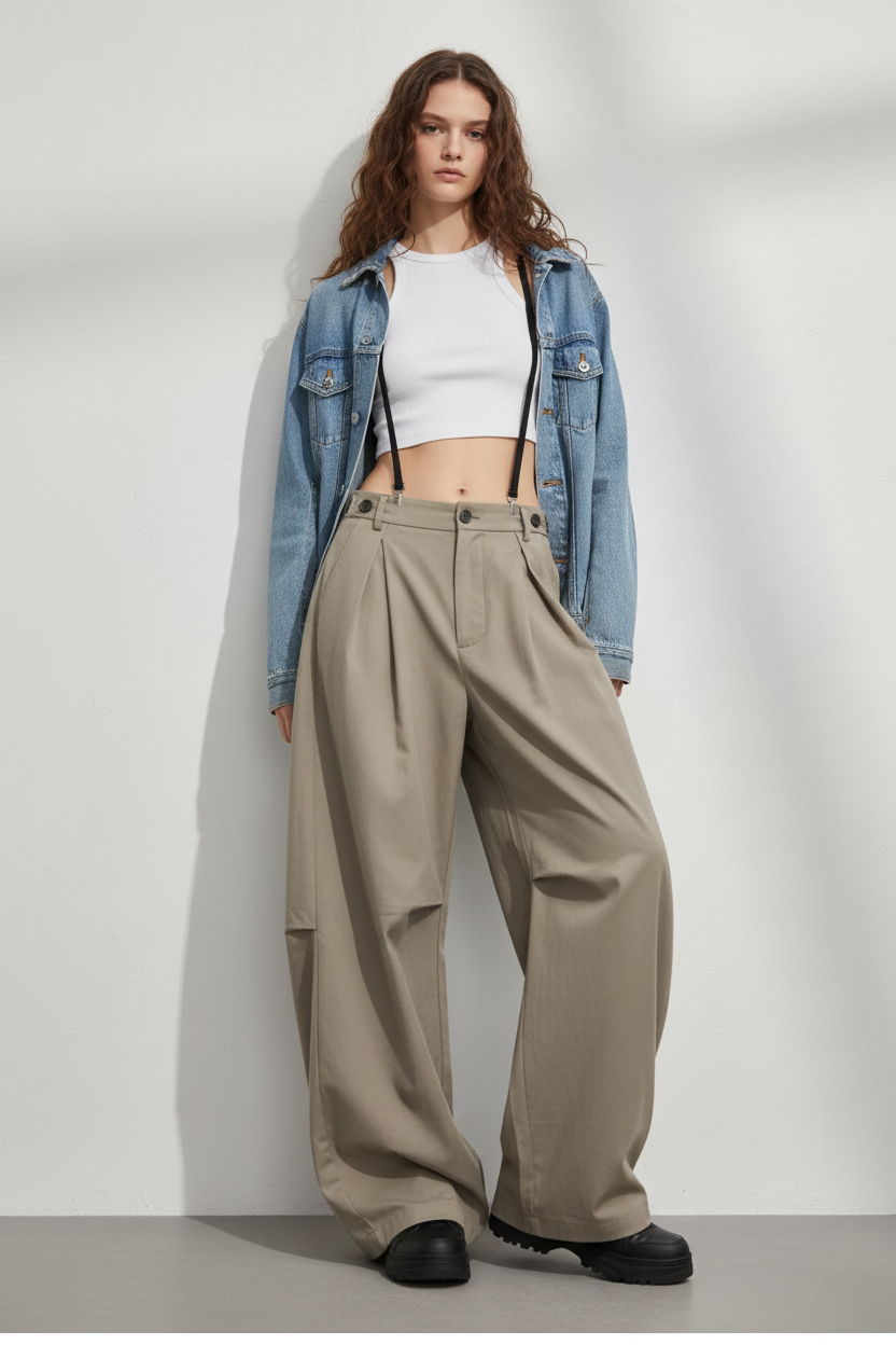 Pantalon large à plis RELABEL beige oversize avec bretelles, porté par une femme, vue de face sur fond blanc