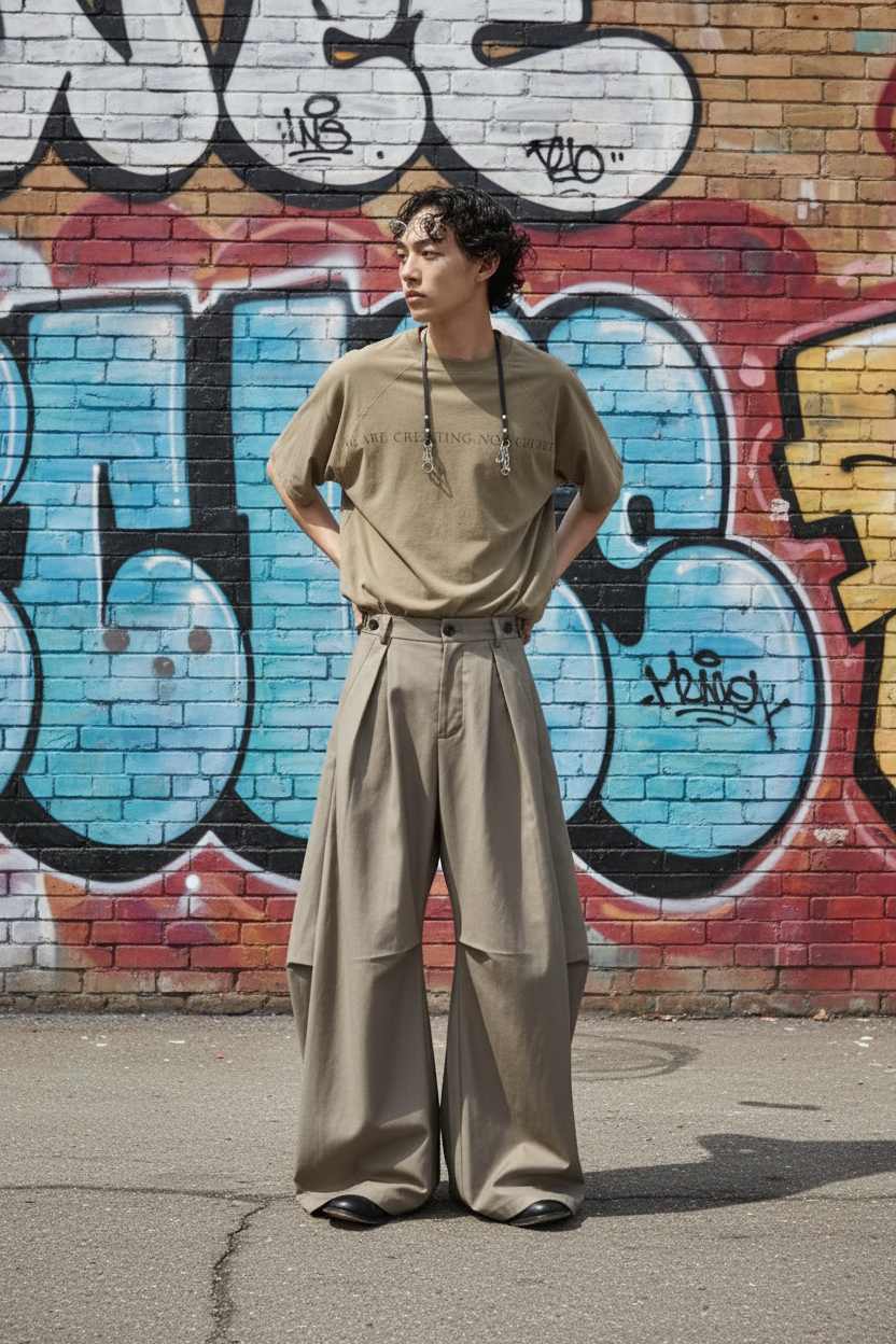Pantalon large à plis RELABEL beige oversize, porté par un homme, photo street style devant un mur de graffitis