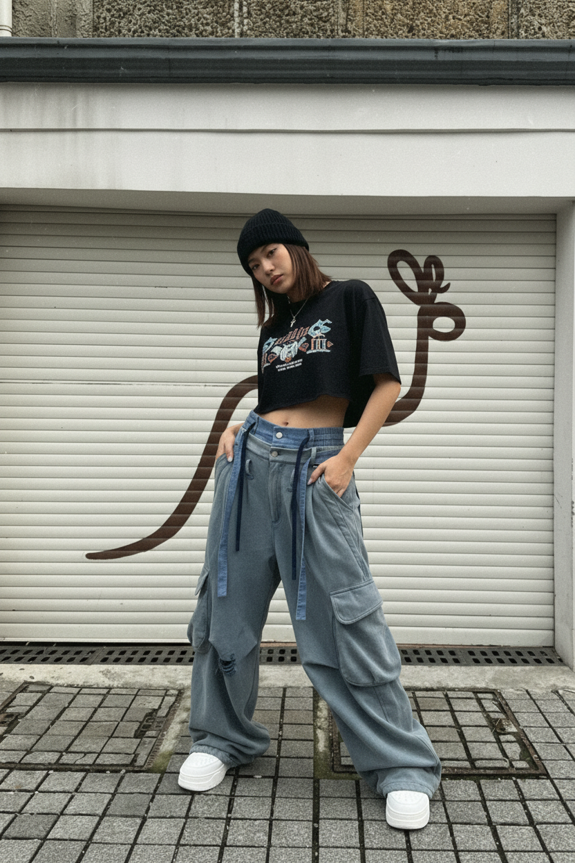Pantalon cargo RELABEL bleu gris large à poches multiples avec ceinture nouée, porté par une femme, photo street style