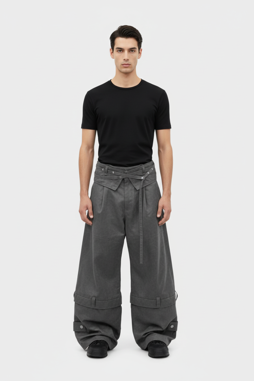 Pantalon cargo RELABEL gris large à ceinture lacets et poches cargo avec rivets, porté par un homme avec t-shirt noir, vue de face sur fond blanc
