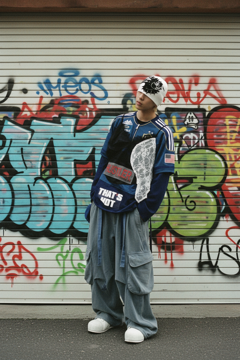 Pantalon cargo RELABEL gris large à poches multiples, porté par un homme, photo street style devant un mur de graffitis