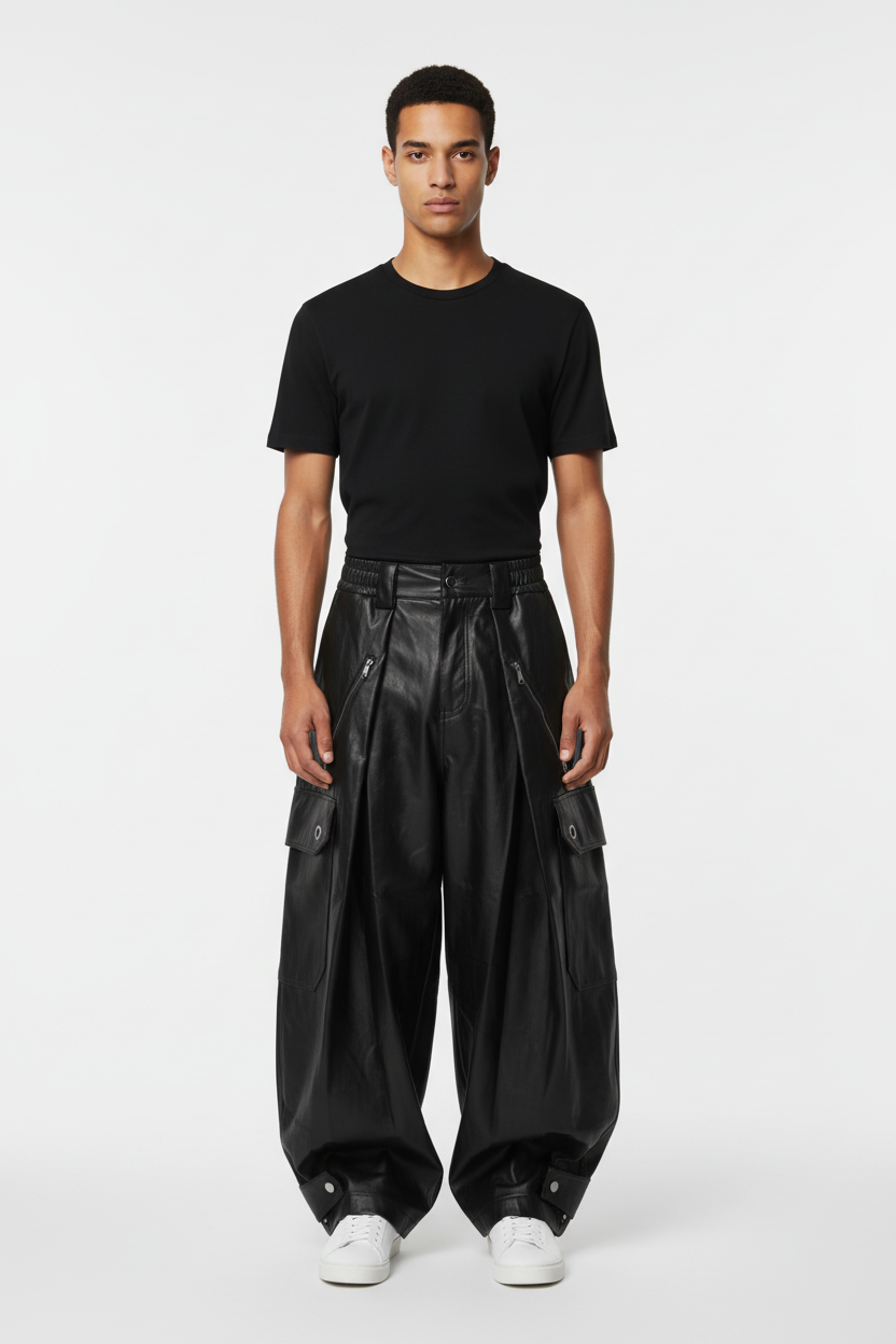 Pantalon cargo RELABEL noir large en simili cuir à poches, porté par un homme, vue de face sur fond blanc
