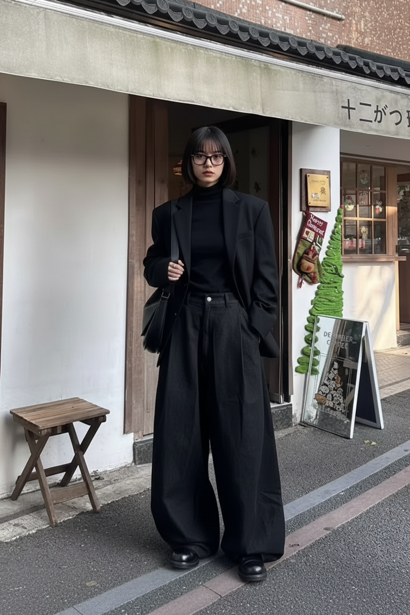 Pantalon plissé à jambes larges RELABEL noir vintage délavé, porté par une femme, photo street style