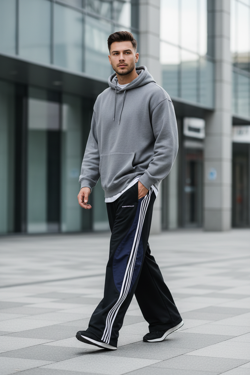 Pantalon RELABEL noir large à bandes blanches latérales, porté par un homme avec hoodie gris, photo street style devant un bâtiment moderne
