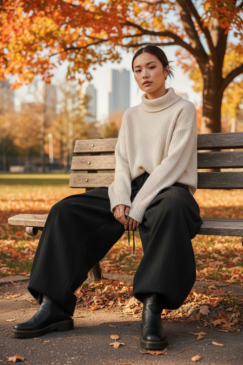 Pantalon RELABEL noir large à plis, porté par une femme assise sur un banc dans un parc en automne avec feuilles dorées
