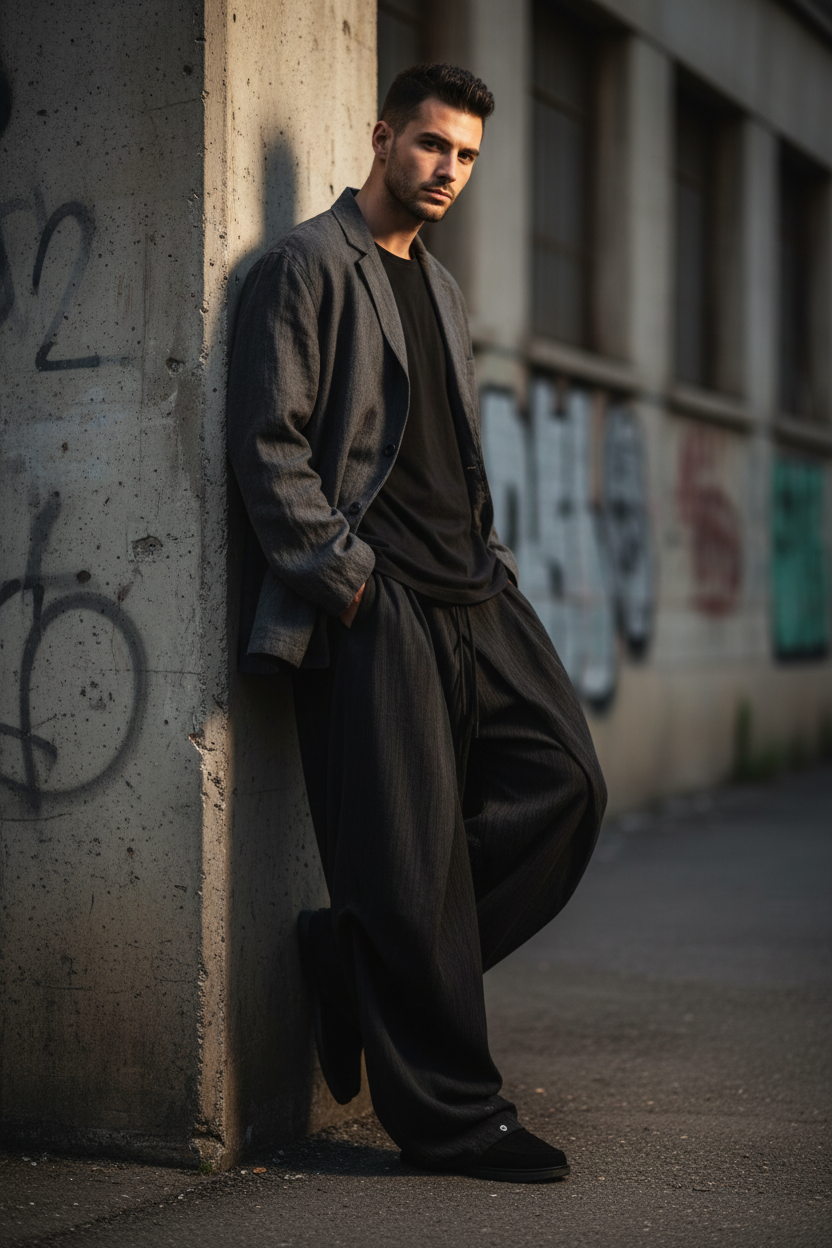 Pantalon RELABEL noir large à plis, porté par un homme avec veste oversize, photo street style appuyé contre un pilier en béton devant un mur de graffitis
