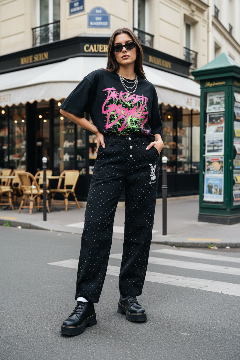 Pantalon eeee Artmonster noir à pois strass avec boutons argentés et broderie lapin, porté par une femme avec t-shirt oversize noir print rock et boots noires plateformes, rue parisienne
