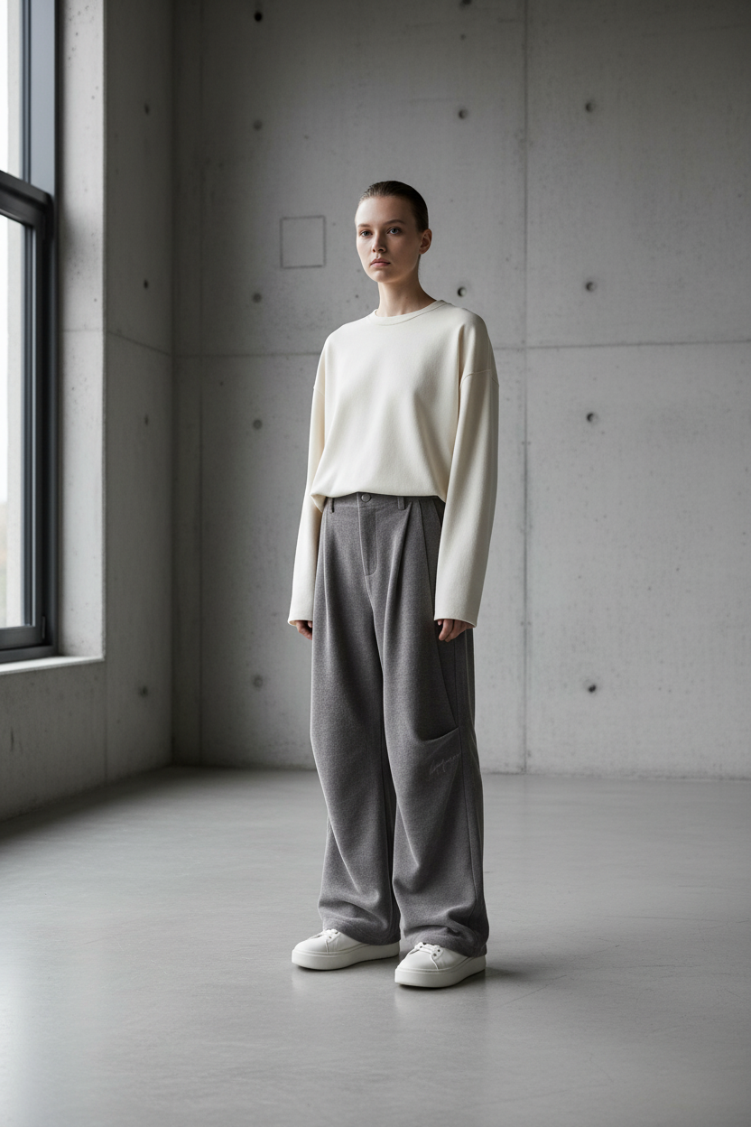 Pantalon gris en velours côtelé dans un intérieur minimaliste