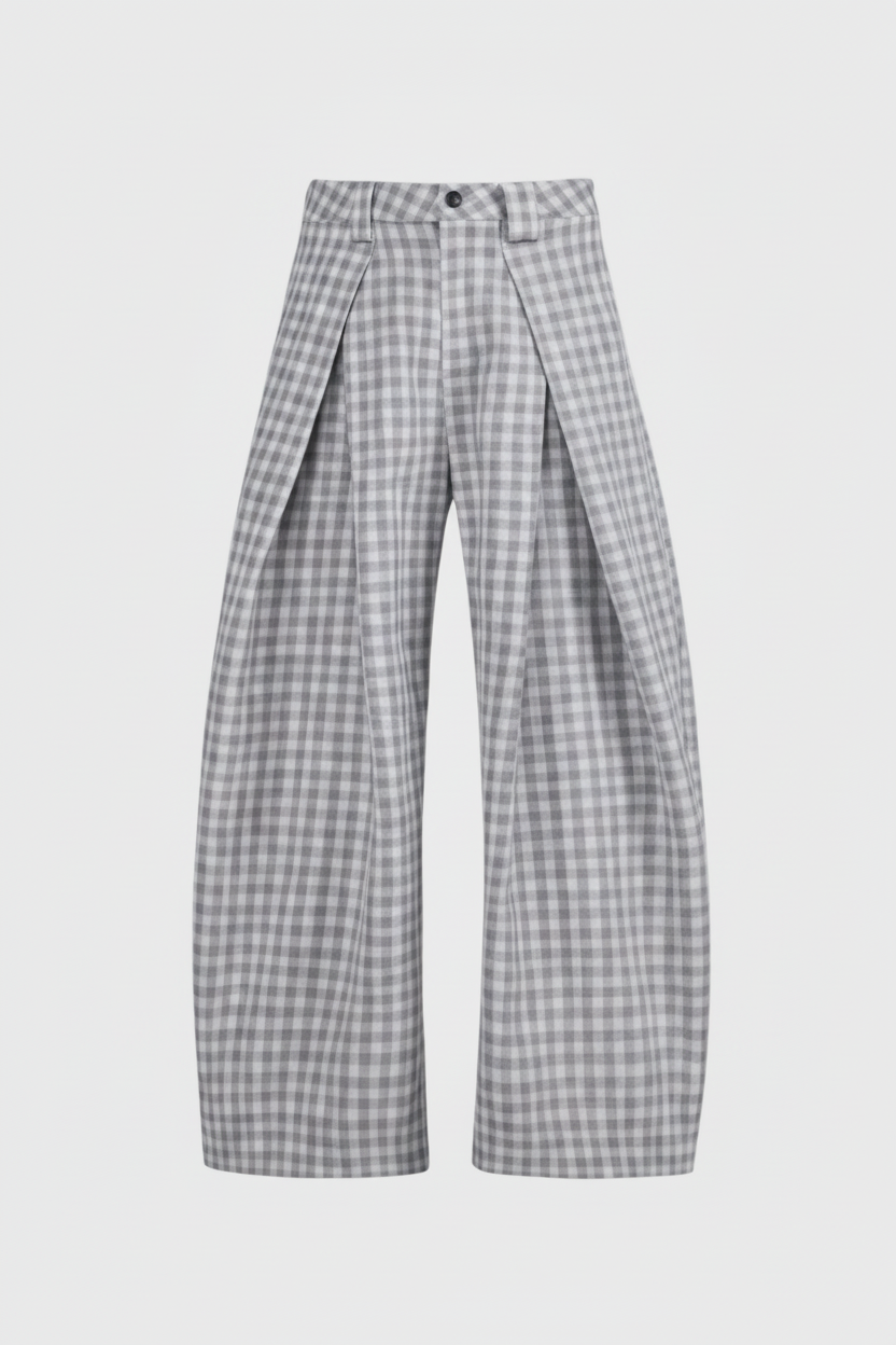 Pantalon large à carreaux vichy gris et blanc vue de face