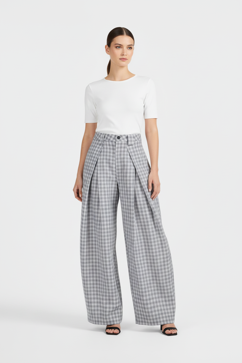 Pantalon large vichy gris et blanc en pied