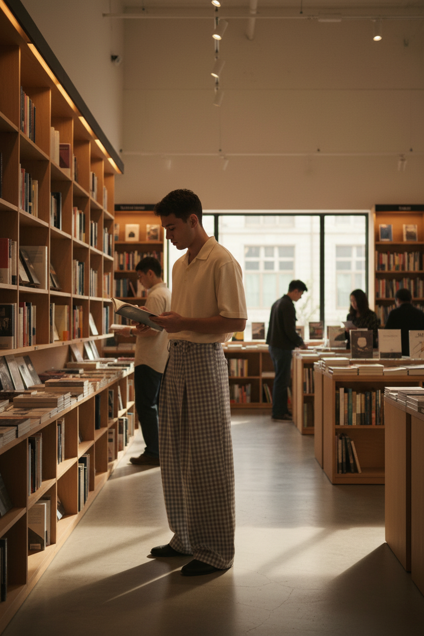 Pantalon vichy gris et blanc porté de profil en librairie