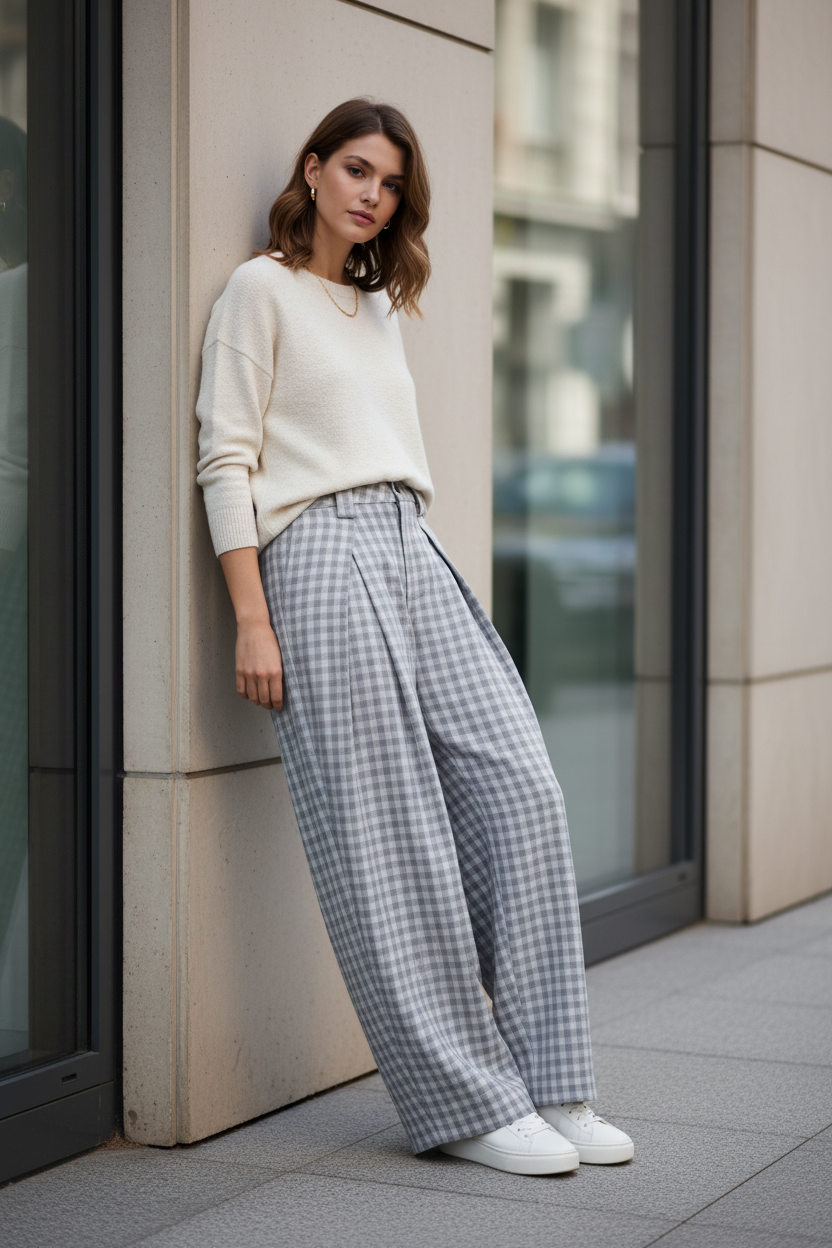 Pantalon vichy gris et blanc porté en silhouette dehors devant