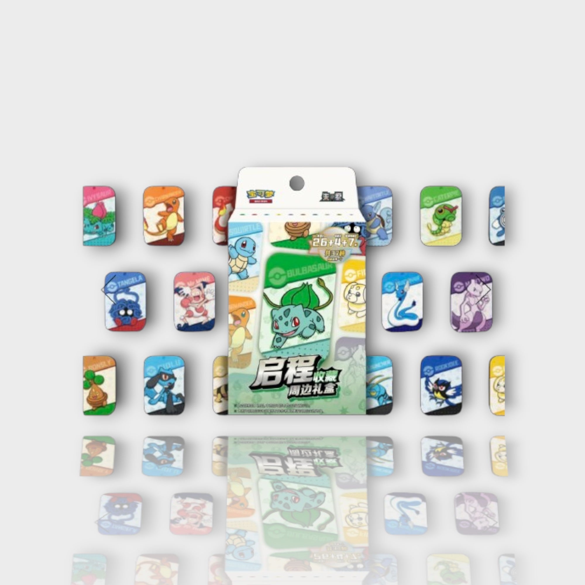 Pokémon édition chinoise coffret 26+4+7 badges métalliques rectangulaires avec Bulbizarre Carapuce Salamèche Mew Mewtwo Lucario et starters des générations 1 à 4, vue d'ensemble
