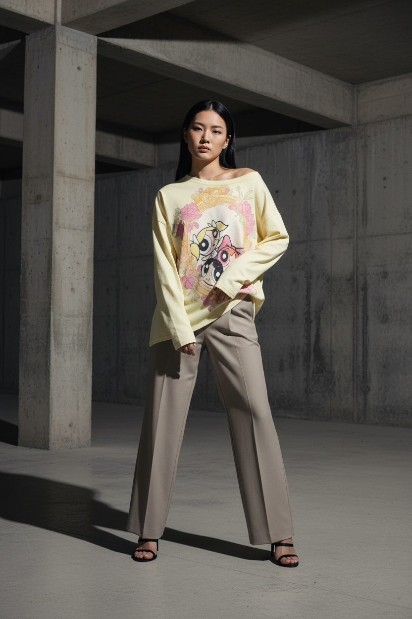 Pull Graphique Powerpuff Girls BJHG jaune pastel en coton, vue de face portée