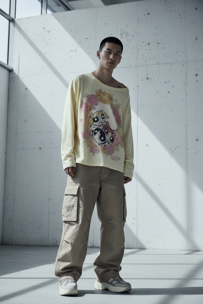 Pull Graphique Powerpuff Girls BJHG jaune pastel en coton, vue de face portée par un homme